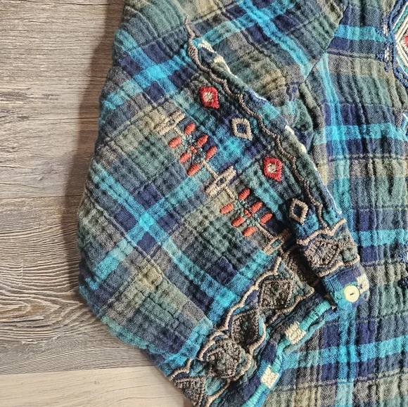 Johnny Was Workshop XL Blue Green Plaid Heavy Embroidery Aztec Western - Picture 5 of 16